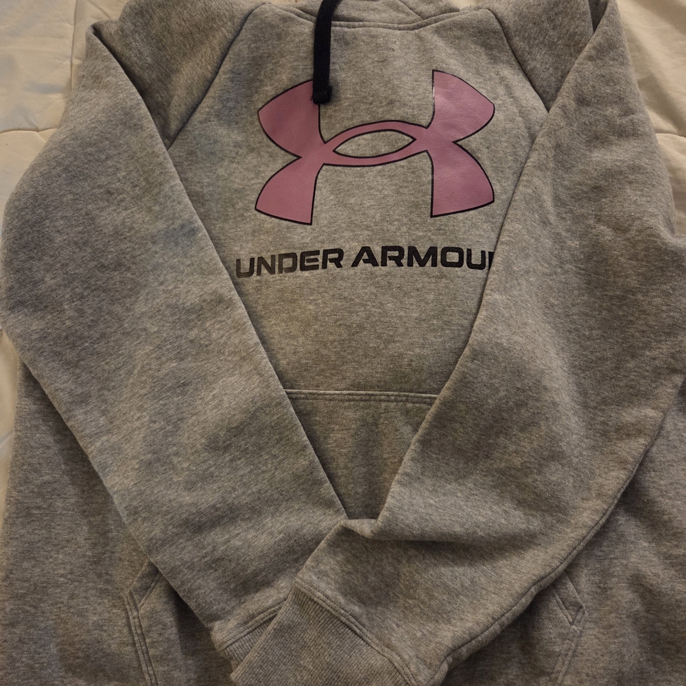 Under Armour Gray Hoodie with Pink Logo. Medium
